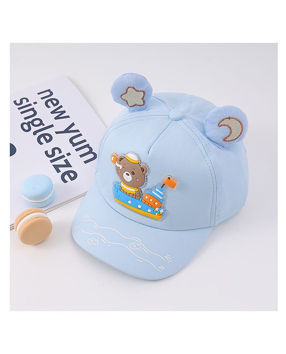 Babyhug Free Size Baseball Cap With Ear Applique & Bear Patch  - Blue