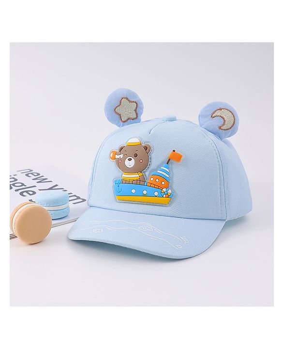 Babyhug Free Size Baseball Cap With Ear Applique & Bear Patch  - Blue