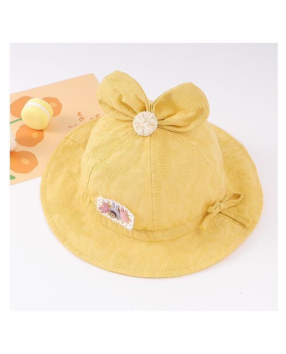 Babyhug Cotton Bucket Hat with Bow Applique & Bunny Patch - Yellow