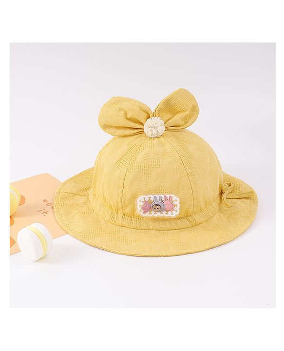 Babyhug Cotton Bucket Hat with Bow Applique & Bunny Patch - Yellow
