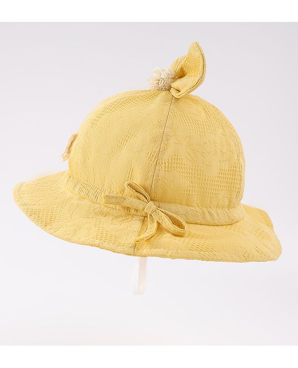 Babyhug Cotton Bucket Hat with Bow Applique & Bunny Patch - Yellow