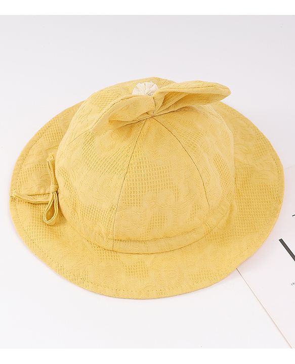 Babyhug Cotton Bucket Hat with Bow Applique & Bunny Patch - Yellow