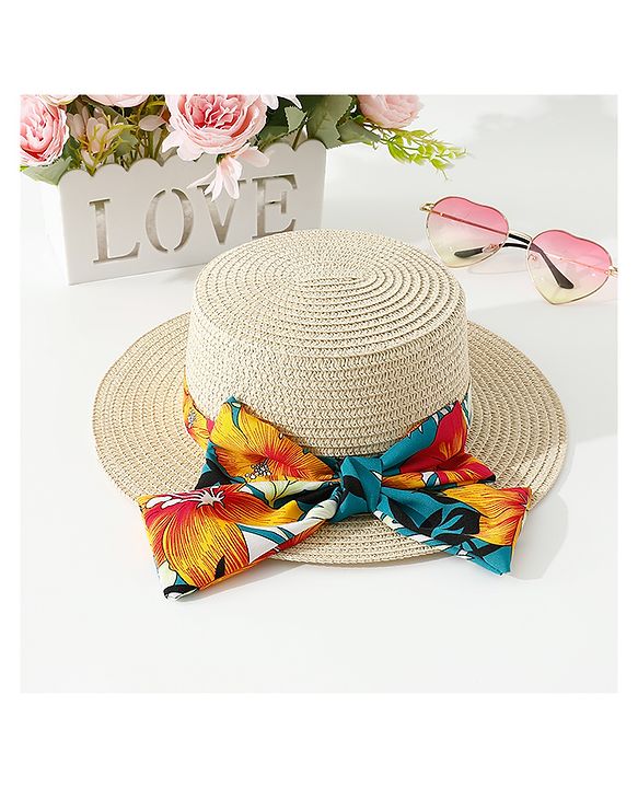 Babyhug Free Size Straw Hat With Bow Applique - Beige