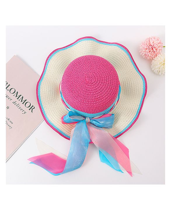 Babyhug Free Size Straw Hat With Bow Applique - Fuchsia