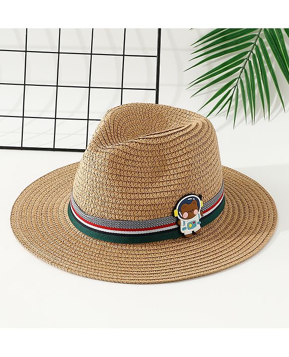Babyhug Free Size Straw Hat With Teddy Bear Applique - Brown