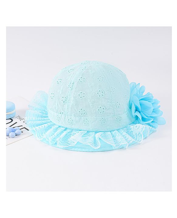 Babyhug Cotton Bucket Hat with Floral Applique - Light Blue