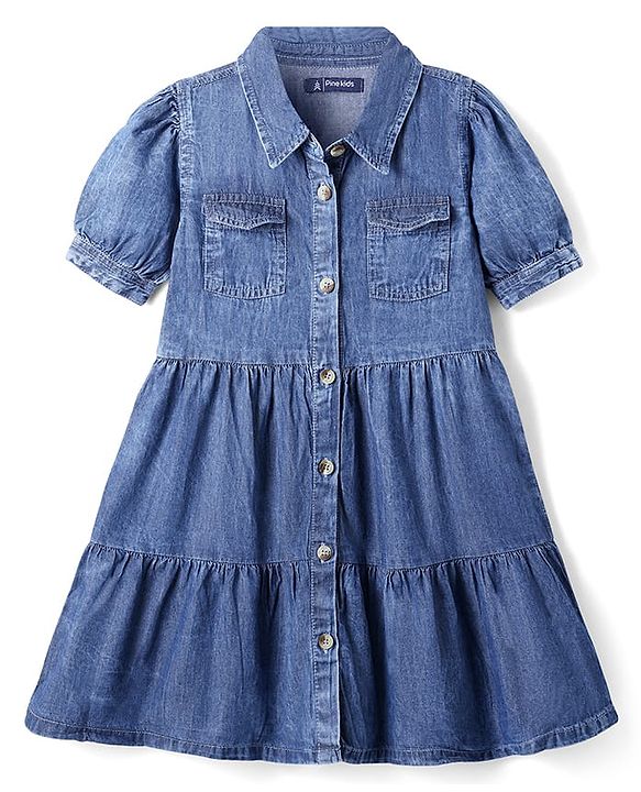 Pine Kids Cotton Woven Puffed Sleeves Front Open Collar Neck Fit and Flare Shirt Dress - Blue