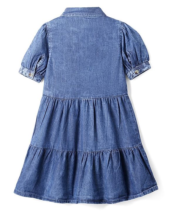 Pine Kids Cotton Woven Puffed Sleeves Front Open Collar Neck Fit and Flare Shirt Dress - Blue