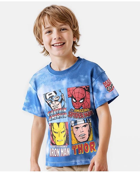 Pine Kids Marvel  Cotton Knit Half Sleeves Oversized & Drop Shoulder T-Shirt With Front & Back Avengers Graphics & Tie Dye Effect -  Blue