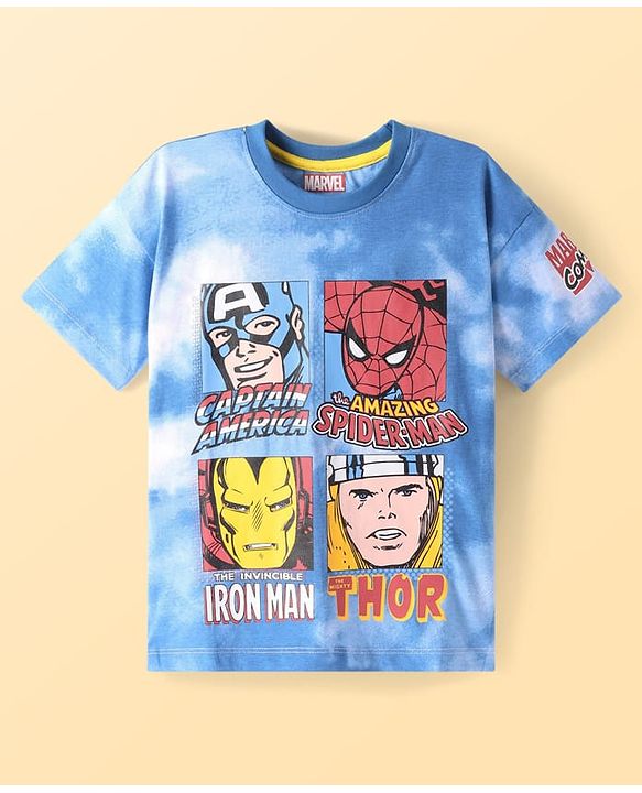 Pine Kids Marvel  Cotton Knit Half Sleeves Oversized & Drop Shoulder T-Shirt With Front & Back Avengers Graphics & Tie Dye Effect -  Blue