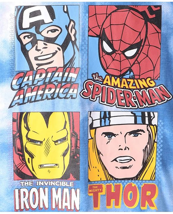 Pine Kids Marvel  Cotton Knit Half Sleeves Oversized & Drop Shoulder T-Shirt With Front & Back Avengers Graphics & Tie Dye Effect -  Blue