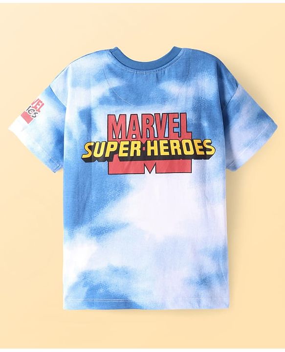 Pine Kids Marvel  Cotton Knit Half Sleeves Oversized & Drop Shoulder T-Shirt With Front & Back Avengers Graphics & Tie Dye Effect -  Blue