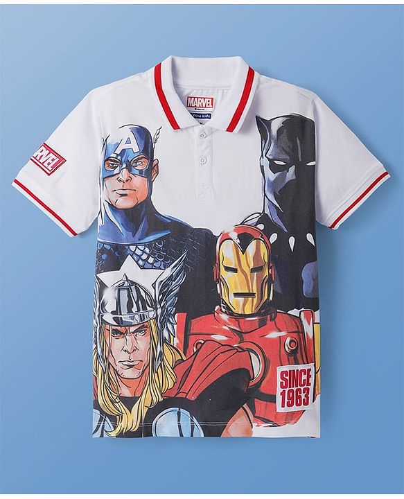 Pine Kids Marvel Cotton Knit Half Sleeves Polo T-Shirt With Avengers Graphics - White