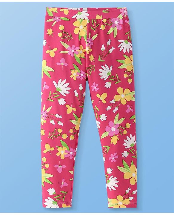 Pine Kids Cotton Lycra Knit Full Length Legging With Floral Print - Dark Pink