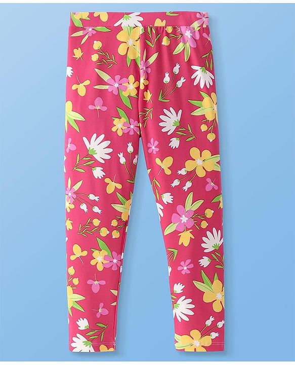 Pine Kids Cotton Lycra Knit Full Length Legging With Floral Print - Dark Pink