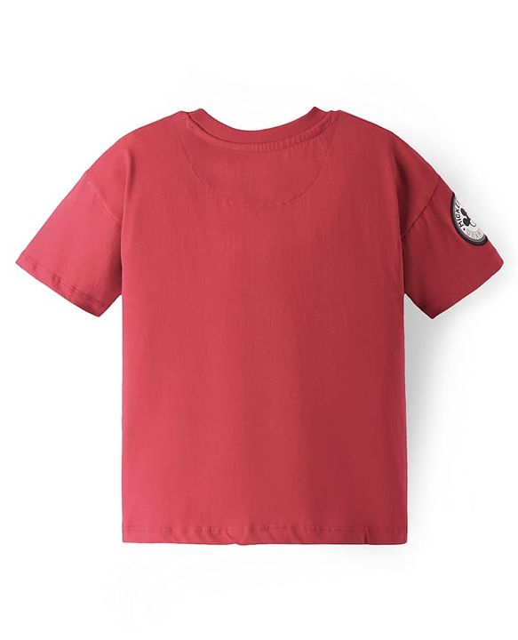 Pine Kids Disney Cotton Knit Cut & Sew Half Sleeve Oversized Drop Shoulder T-Shirt With Mickey Mouse Graphics & Badge Detailing - Red