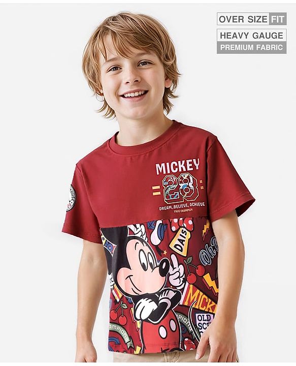 Pine Kids Disney Cotton Knit Cut & Sew Half Sleeve Oversized Drop Shoulder T-Shirt With Mickey Mouse Graphics & Badge Detailing - Red