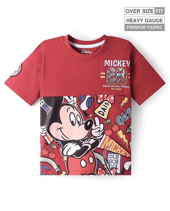 Pine Kids Disney Cotton Knit Cut & Sew Half Sleeve Oversized Drop Shoulder T-Shirt With Mickey Mouse Graphics & Badge Detailing - Red