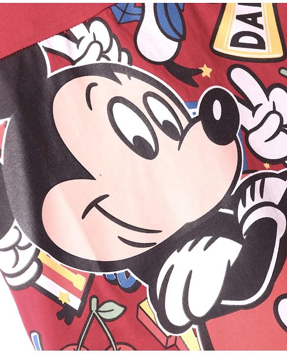 Pine Kids Disney Cotton Knit Cut & Sew Half Sleeve Oversized Drop Shoulder T-Shirt With Mickey Mouse Graphics & Badge Detailing - Red