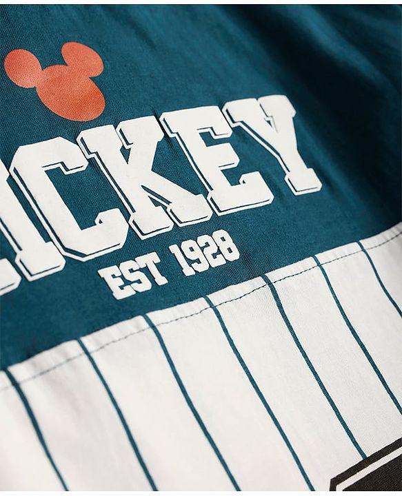 Pine Kids Disney Cotton Knit Cut & Sew Half Sleeves T-Shirt with Front & Back Mickey Mouse Graphic & Badge Detailing - Teal Blue & White