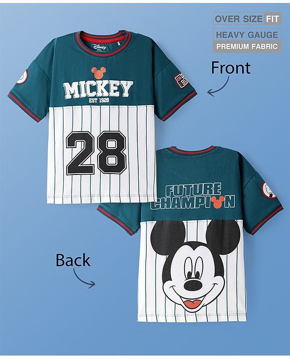 Pine Kids Disney Cotton Knit Cut & Sew Half Sleeves T-Shirt with Front & Back Mickey Mouse Graphic & Badge Detailing - Teal Blue & White