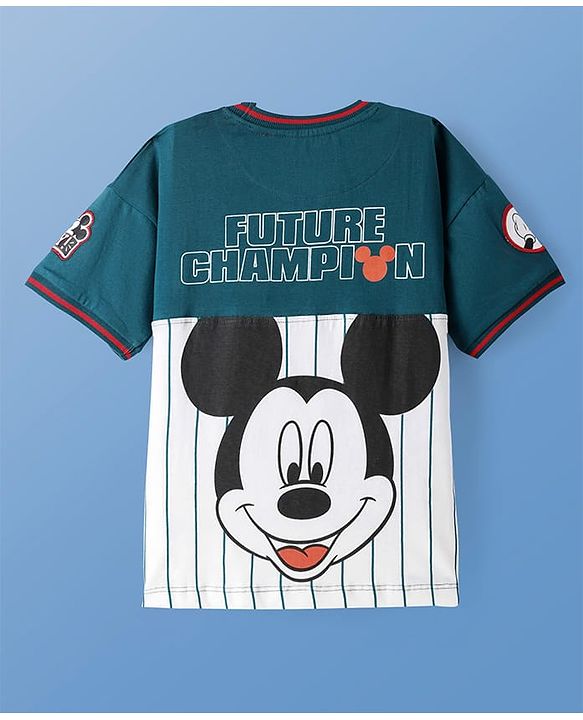 Pine Kids Disney Cotton Knit Cut & Sew Half Sleeves T-Shirt with Front & Back Mickey Mouse Graphic & Badge Detailing - Teal Blue & White