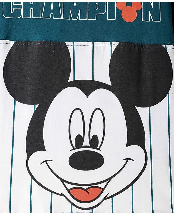 Pine Kids Disney Cotton Knit Cut & Sew Half Sleeves T-Shirt with Front & Back Mickey Mouse Graphic & Badge Detailing - Teal Blue & White