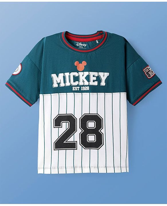 Pine Kids Disney Cotton Knit Cut & Sew Half Sleeves T-Shirt with Front & Back Mickey Mouse Graphic & Badge Detailing - Teal Blue & White