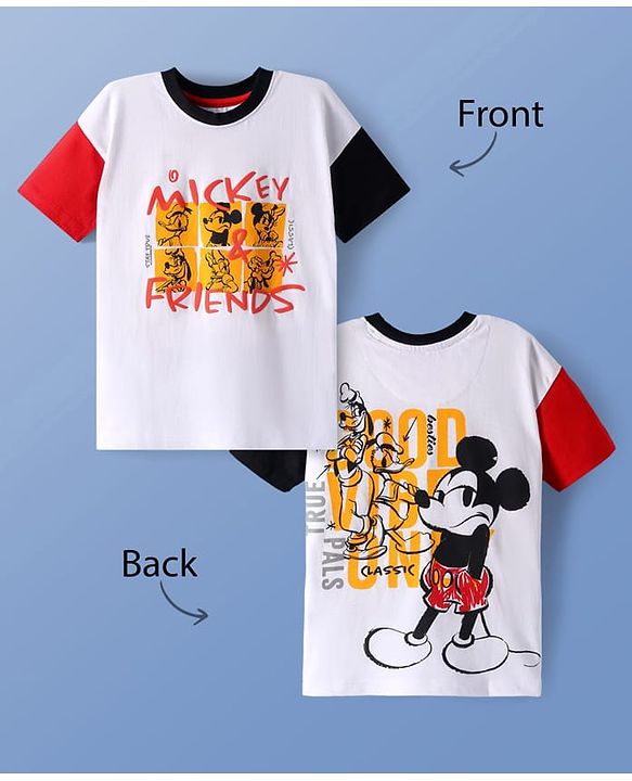Pine Kids Disney Cotton Knit Oversized & Drop Shoulder T-Shirt With Mickey Mouse Front & Back Graphic -  White & Red