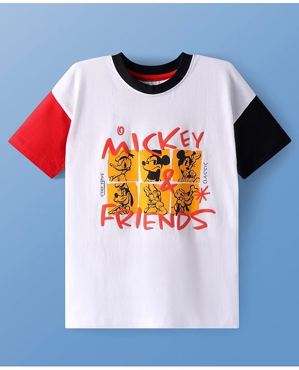 Pine Kids Disney Cotton Knit Oversized & Drop Shoulder T-Shirt With Mickey Mouse Front & Back Graphic -  White & Red