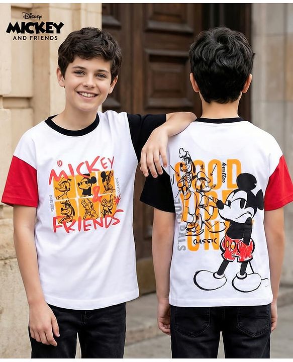 Pine Kids Disney Cotton Knit Oversized & Drop Shoulder T-Shirt With Mickey Mouse Front & Back Graphic -  White & Red