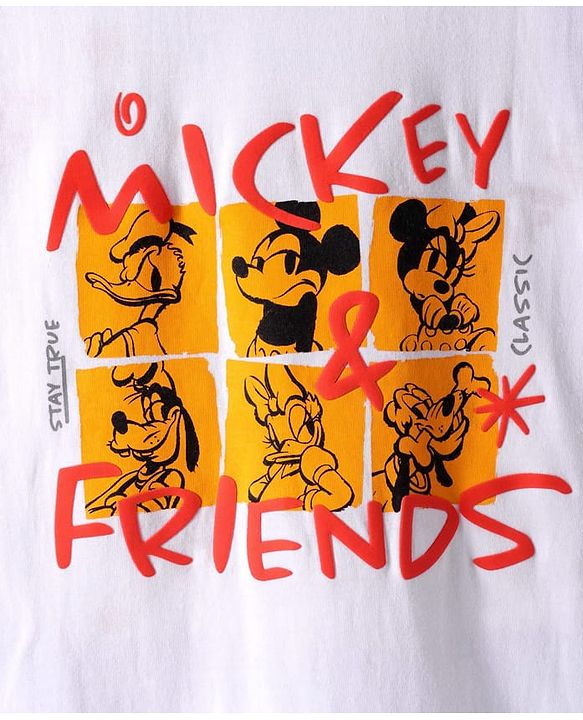 Pine Kids Disney Cotton Knit Oversized & Drop Shoulder T-Shirt With Mickey Mouse Front & Back Graphic -  White & Red