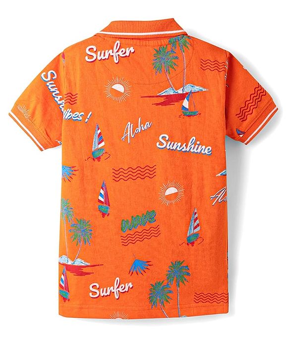 Pine Kids Cotton Knit Half Sleeves Polo T-Shirt with Beach Theme Print - Orange