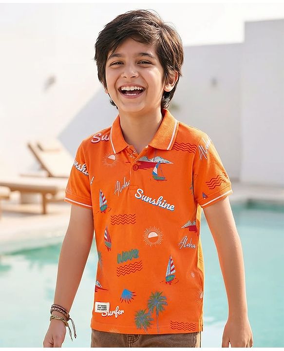 Pine Kids Cotton Knit Half Sleeves Polo T-Shirt with Beach Theme Print - Orange