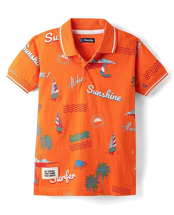Pine Kids Cotton Knit Half Sleeves Polo T-Shirt with Beach Theme Print - Orange