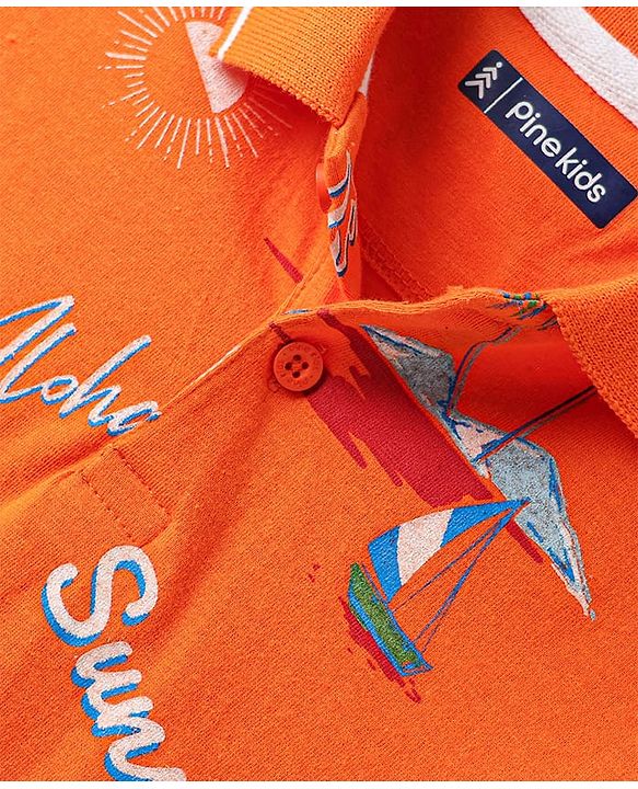 Pine Kids Cotton Knit Half Sleeves Polo T-Shirt with Beach Theme Print - Orange
