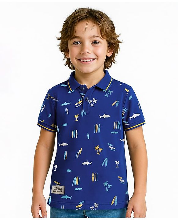 Pine Kids Cotton Knit Half Sleeves Polo T-Shirt with Nautical Theme Print - Navy Blue