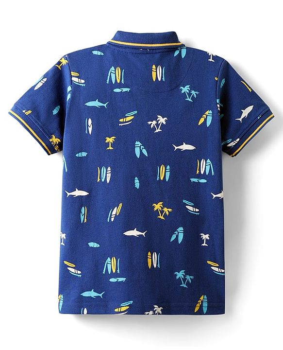 Pine Kids Cotton Knit Half Sleeves Polo T-Shirt with Nautical Theme Print - Navy Blue