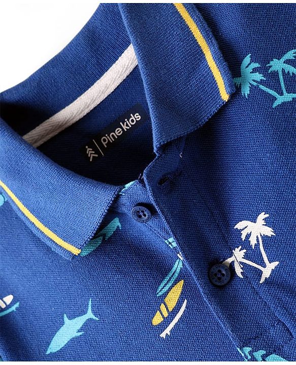 Pine Kids Cotton Knit Half Sleeves Polo T-Shirt with Nautical Theme Print - Navy Blue