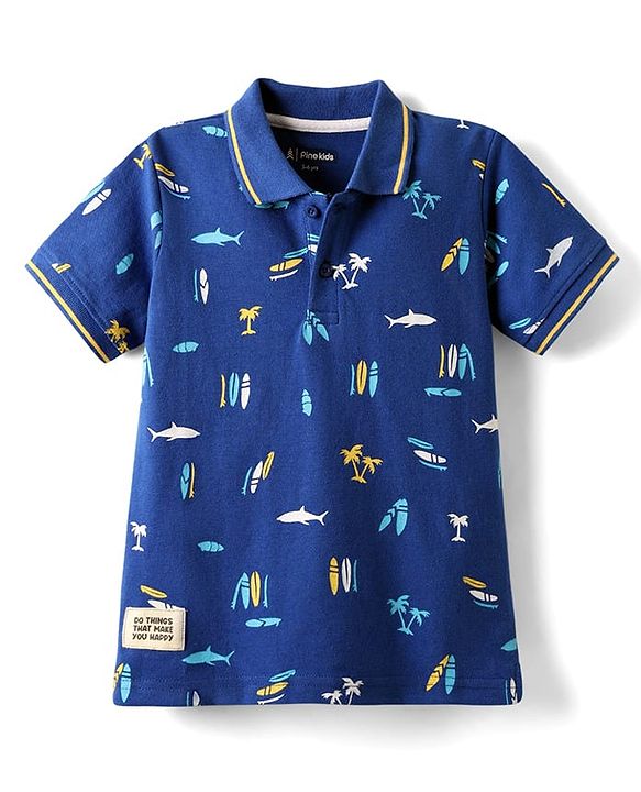 Pine Kids Cotton Knit Half Sleeves Polo T-Shirt with Nautical Theme Print - Navy Blue
