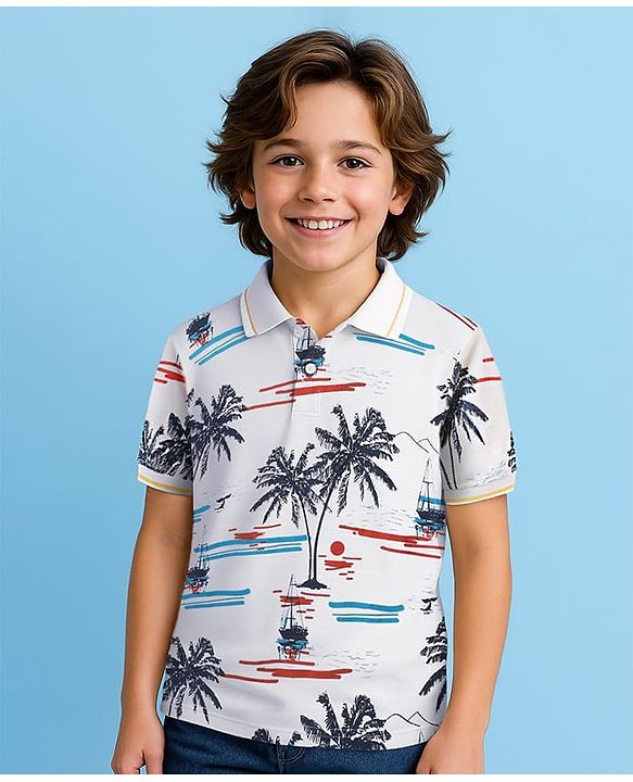 Pine Kids Cotton Knit Half Sleeves Polo T-Shirt with Beach Theme Print - White