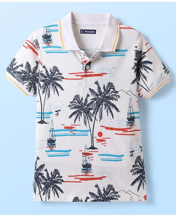 Pine Kids Cotton Knit Half Sleeves Polo T-Shirt with Beach Theme Print - White