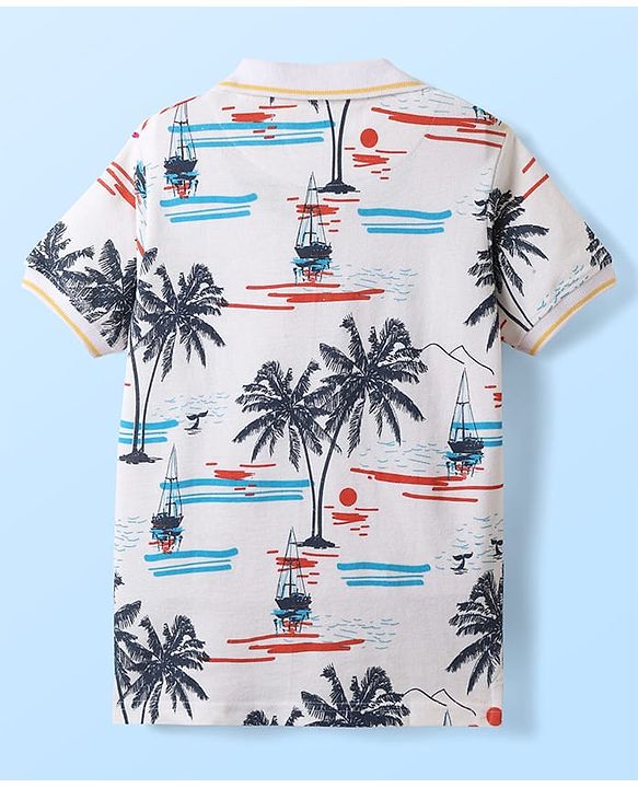 Pine Kids Cotton Knit Half Sleeves Polo T-Shirt with Beach Theme Print - White