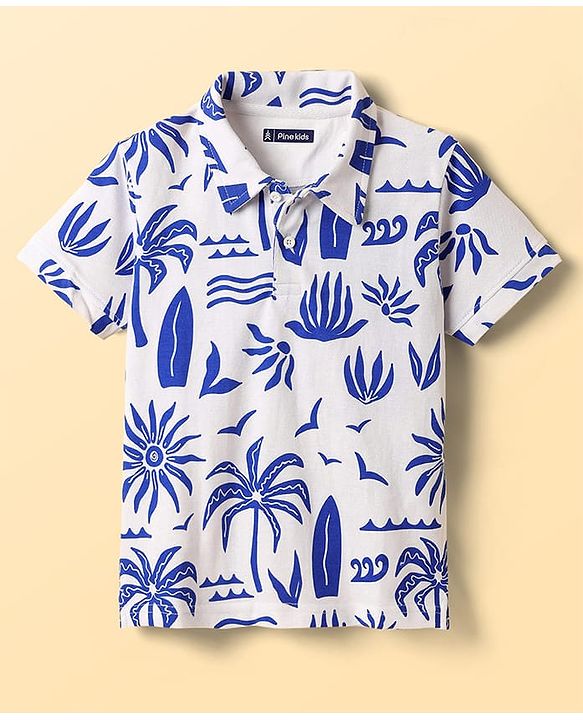 Pine Kids Cotton Knit Half Sleeves Polo T-Shirt with Beach Theme Print - White & Blue