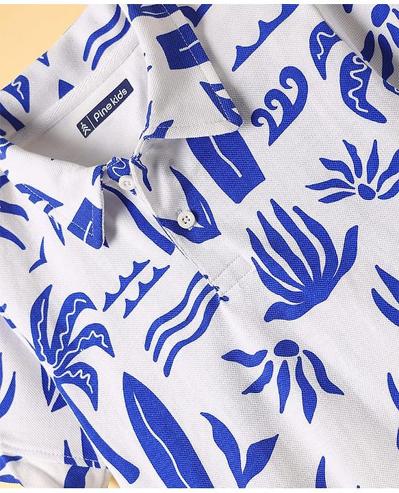 Pine Kids Cotton Knit Half Sleeves Polo T-Shirt with Beach Theme Print - White & Blue