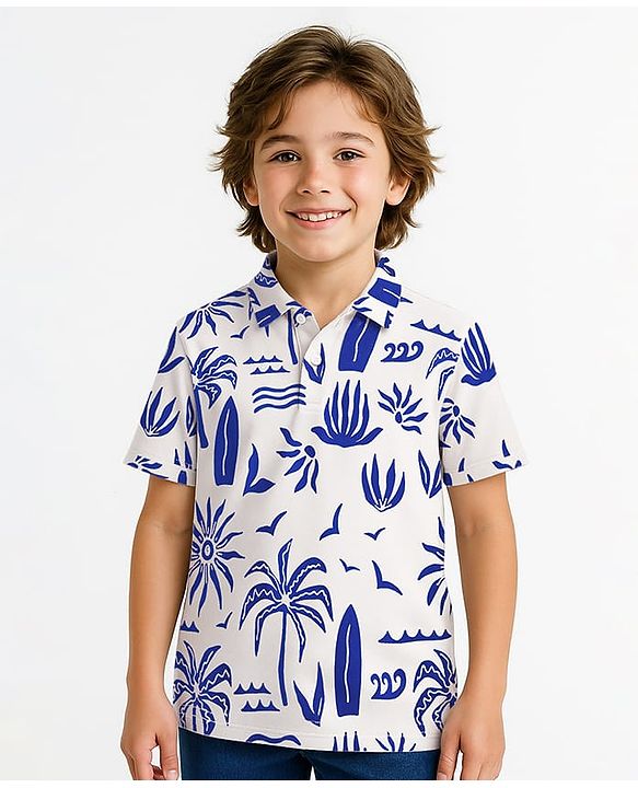 Pine Kids Cotton Knit Half Sleeves Polo T-Shirt with Beach Theme Print - White & Blue