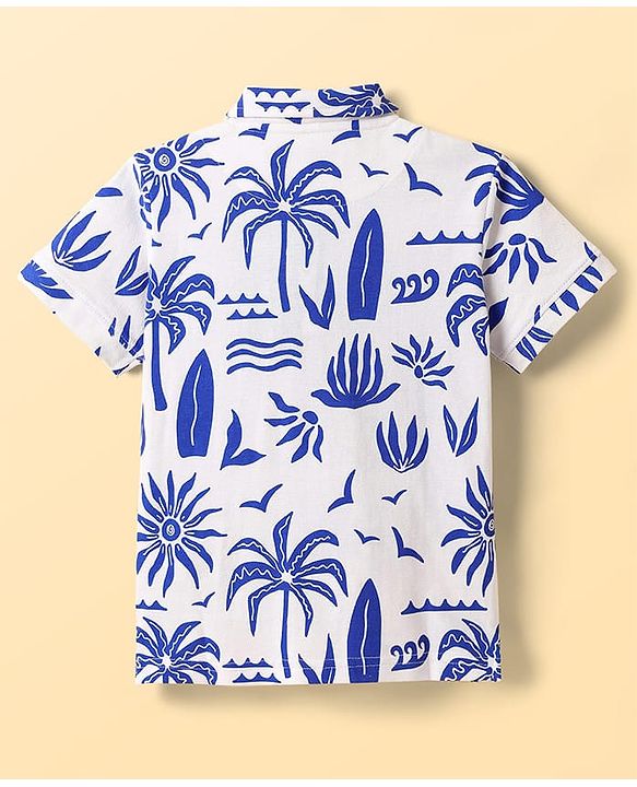 Pine Kids Cotton Knit Half Sleeves Polo T-Shirt with Beach Theme Print - White & Blue