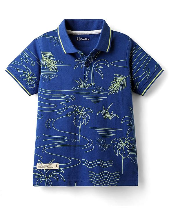 Pine Kids Cotton Knit Half Sleeves Polo T-Shirt with Beach Theme Print - Navy Blue