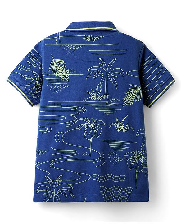 Pine Kids Cotton Knit Half Sleeves Polo T-Shirt with Beach Theme Print - Navy Blue
