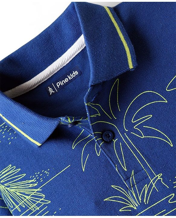 Pine Kids Cotton Knit Half Sleeves Polo T-Shirt with Beach Theme Print - Navy Blue